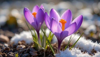 Fototapeta premium Spring bloom purple crocuses in snow nature photography outdoors close-up