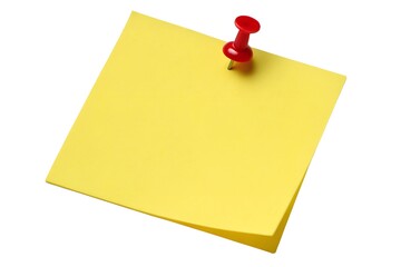 Yellow sticky post it note with red pushpin isolated on transparent background 