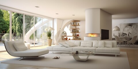 A white living room with a fireplace and a large white couch