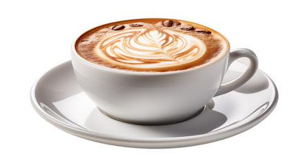 Creamy Latte Coffee Art in White Cup, Hot Beverage with Foam and Aroma for Morning Energy.
