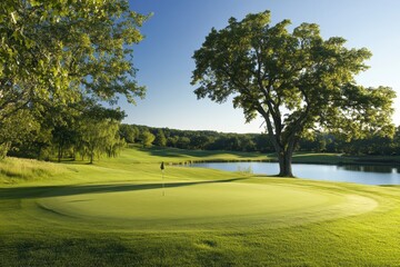 Obraz premium Serene Golf Course Green with Lake and Lush Trees under a Bright Blue Sky