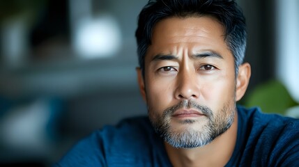 Confident mature Asian man with salt and pepper beard wearing blue sweater gazes thoughtfully in atmospheric portrait with soft natural lighting and blurred background.