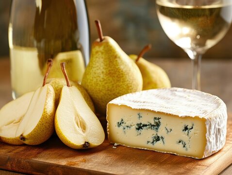 Close-up of blue cheese accompanied by fresh pears and a glass of white wine on a wooden cutting board