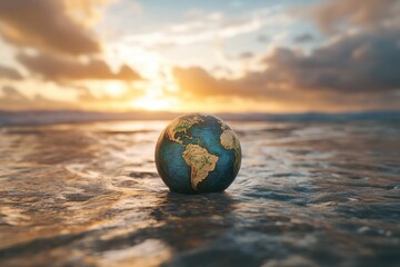 Beautiful Globe on Water Surface with Sunset Sky Background