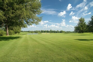Fototapeta premium Vast Green Field Under a Blue Sky with Fluffy Clouds