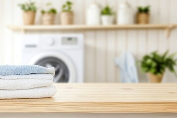 Freshly laundered towels sit on a wooden surface in a laundry room with a washing machine