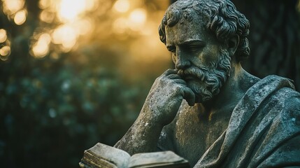 A weathered stone statue of a philosopher, cracked and ancient, symbolizing resilience and the passage of time