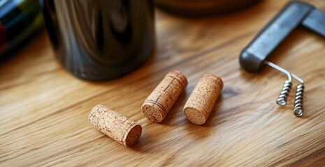 Wine Corks and Corkscrew on Wooden Table