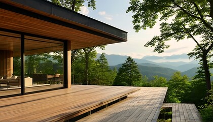 Fototapeta premium A modern house with large windows and a deck overlooking a forested landscape.