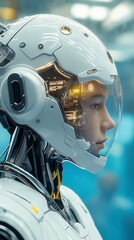 Futuristic humanoid robot with a transparent helmet and intricate circuitry stands in a high-tech laboratory at dusk Generative AI