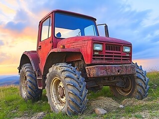 Obraz premium Red tractor on a hill at sunset, farming vehicle use