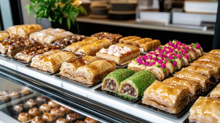 Deliciously Decorated Pastries and Baked Goods Display in Bakery Shop