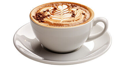 Aromatic Latte Coffee Art in White Cup, Hot Foam and Beans for Cozy Cafe Vibes.