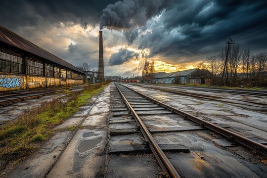 Dramatic Industrial Landscape with Railway Tracks and Smoky Sky