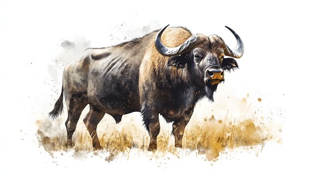 African Cape Buffalo Stands in Savanna Grassland