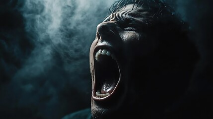 Obraz premium A Man Screaming With Mouth Wide Open In Shadow