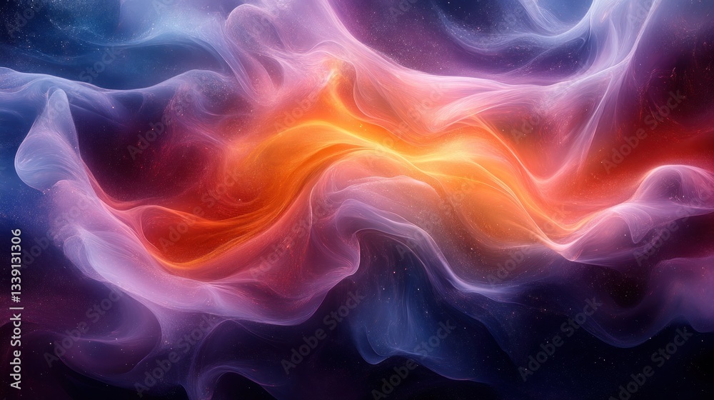 Poster abstract swirling colorful nebula-like texture with glowing light and dark hues.