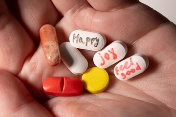 The idea of drug addiction to achieve mental health, balance and happiness in life. High quality...