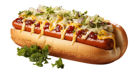 Hot Dog with Mustard and Cheese Grilled Sausage in Soft Bun, Savory Fast Food Meal.
