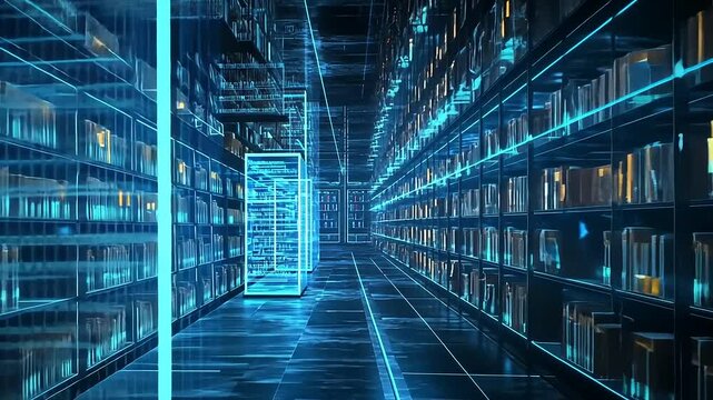 Futuristic digital library with glowing data panels and shelves filled with books in a high-tech environment