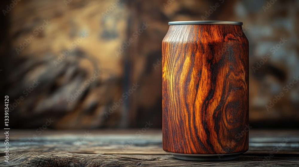 Aufkleber A can designed with a wooden texture stands upright on a weathered wooden surface. The warm colors and intricate details showcase the craftsmanship and creativity in product design.