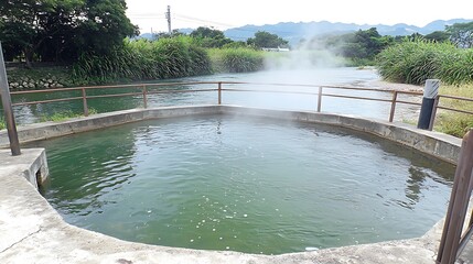 Naklejka premium Serene Hot Spring Pool Surrounded by Lush Greenery and Misty Mountains in a Peaceful Landscape
