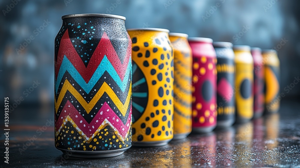 Poster A collection of distinctly designed beverage cans stands in a row against a muted background. Each can features bold patterns and colors, creating a lively visual display.