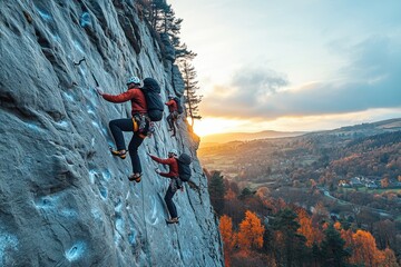 Dynamic Adventure Photography of Rock Climbers Scaling a Cliff at Sunset Amidst Autumn Colors