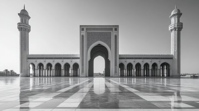 Wide Shot of the Majestic Great Mosque of Touba, Capturing Architectural Splendor and Serenity in Black and White