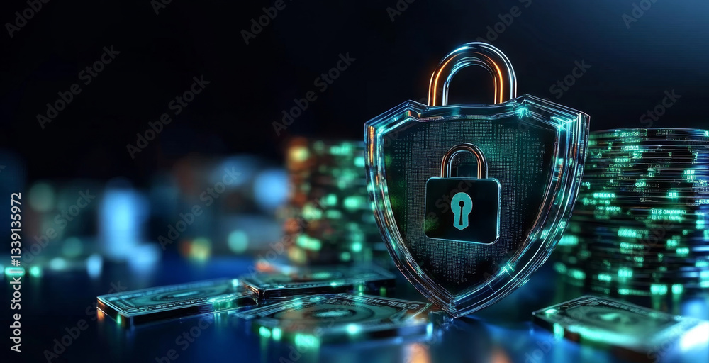 Poster a digital shield with a lock stands prominently among stacks of cash, representing security and priv