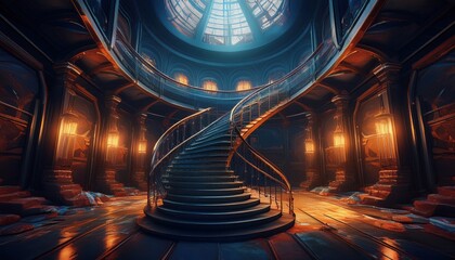 A stunning spiral staircase lit by warm lanterns enhances this contemporary space.