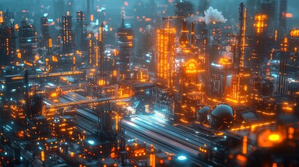 Fototapeta premium A modern industrial zone at night, glowing with automated machinery and transport vehicles 