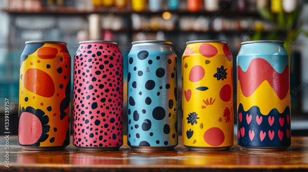 Poster various uniquely designed craft beer cans stand on a wooden table in a brewery. bright patterns and 
