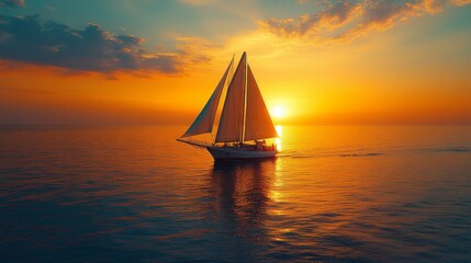 Fototapeta premium Sailboat sailing at sunset on the ocean.