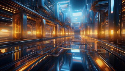 A lively industrial pathway features glowing tubes and reflections in modern design.