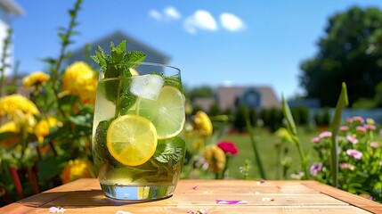 Amidst a backyard garden with vibrant flowers, a glass of mint-infused drink sits on a wooden table, adorned with a lemon slice under the clear sky.