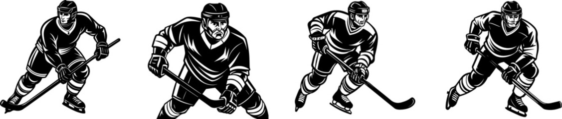 A Set of Hockey player silhouette vector illustration
