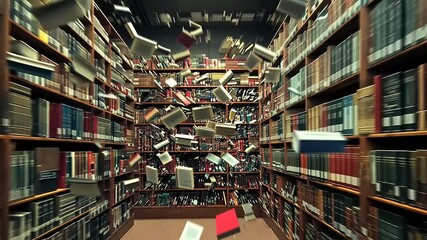 Books flying through a library, creating a chaotic scene amidst orderly shelves and quiet ambiance
