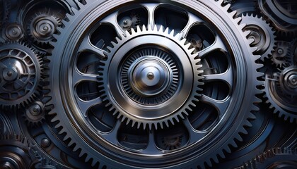 Close up of complex gears in a modern industrial setting with metallic textures.