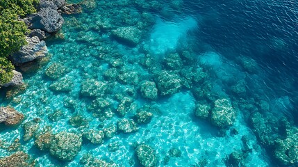 Obraz premium Aerial view of clear turquoise water over rocks.