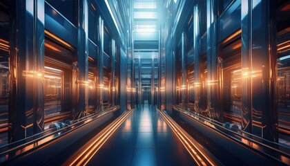 A sleek corridor features glowing accents in a modern industrial space.