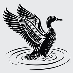 A duck splashing in the water image silhouette design vector art and illustration