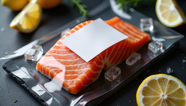 Fresh salmon fillet in vacuum packaging with blank branding label