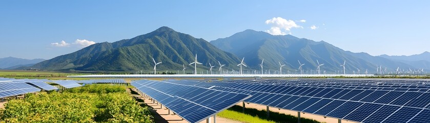 Aerial panoramic view of a large scale sustainable infrastructure development project with solar farms wind turbines and smart grid technology integrated for efficient