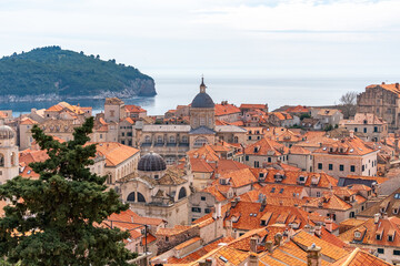 Travel to Croatia. view from stone fortification wall of the old town of Dubrovnik, beautiful...
