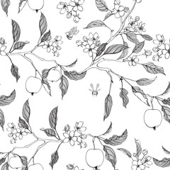 Black white line apple branch. Blooming branch of sakura apple tree seamless pattern.