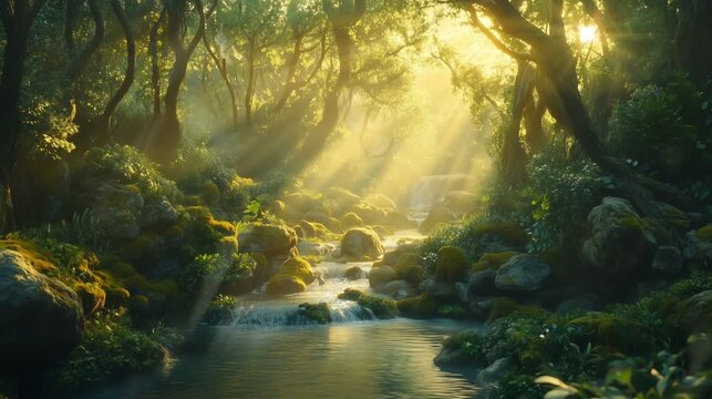 Lush green forest with sparkling waterfall illuminated by golden sunlight, seamless looping 4k time-lapse video animation background.