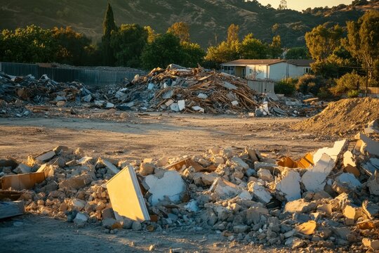 Urban demolition site with debris and abandoned structures at sunset