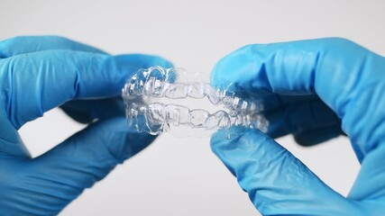 A man in gloves holds in his hand transparent aligners plastic braces retainers for straightening teeth on a white background