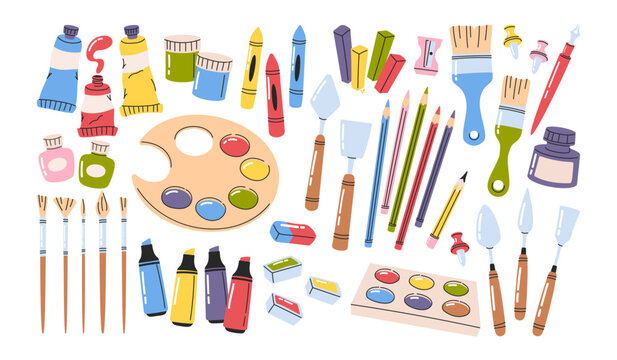 Set of painting tools elements, art supplies collection for creative and talent demonstration